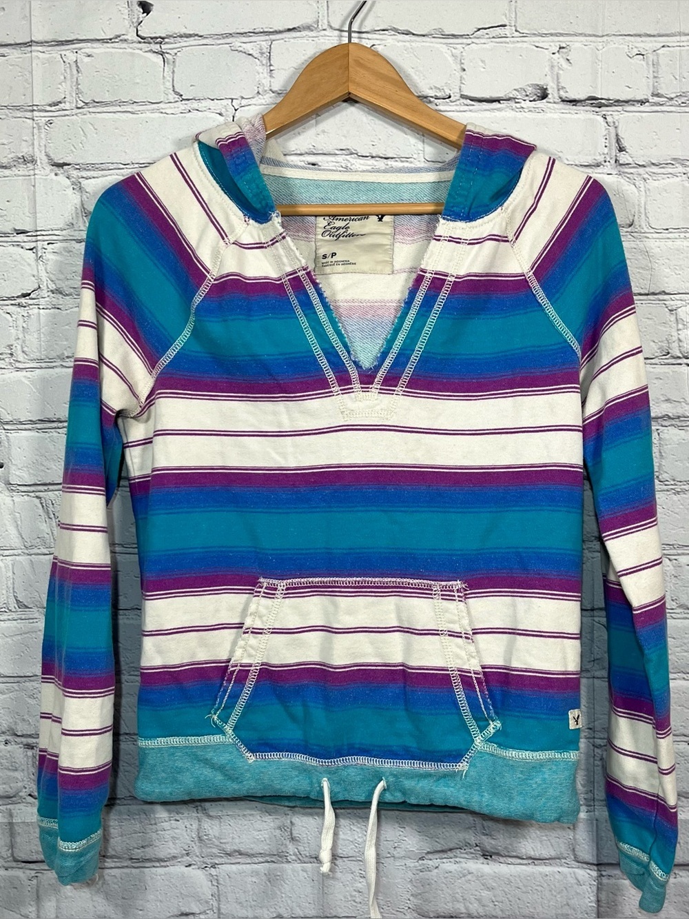 Vintage Y2K American Eagle Striped V-Neck Hoodie Womens Size Small Cotton